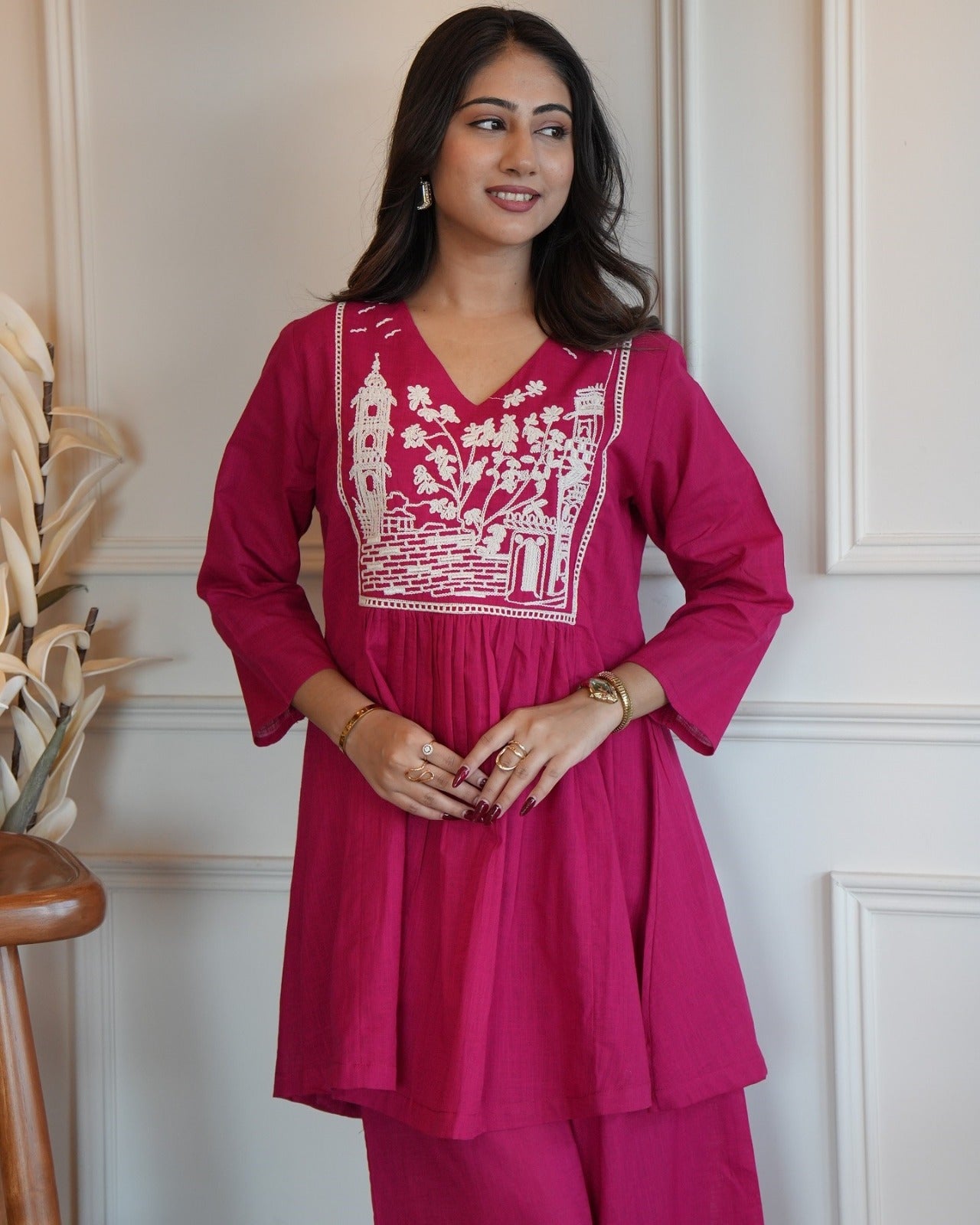Magenta Embroidered Cotton Coord Set