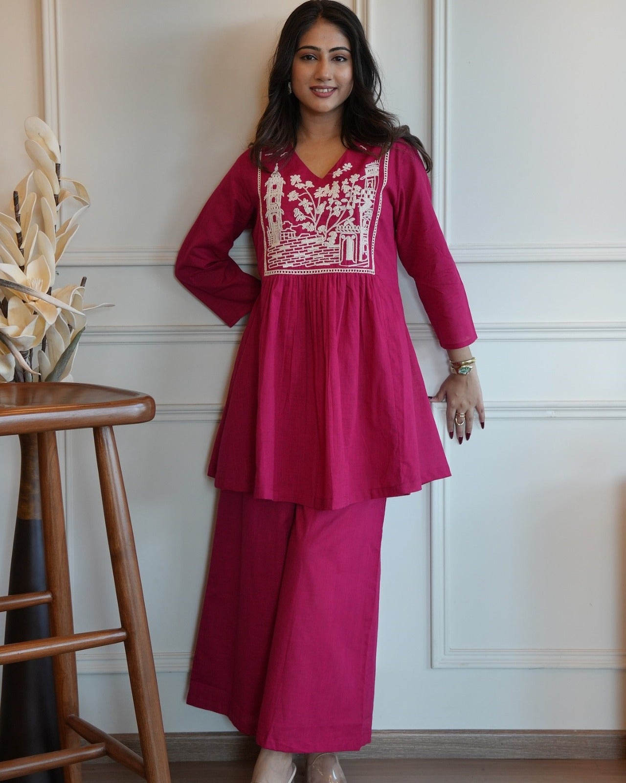Magenta Embroidered Cotton Coord Set
