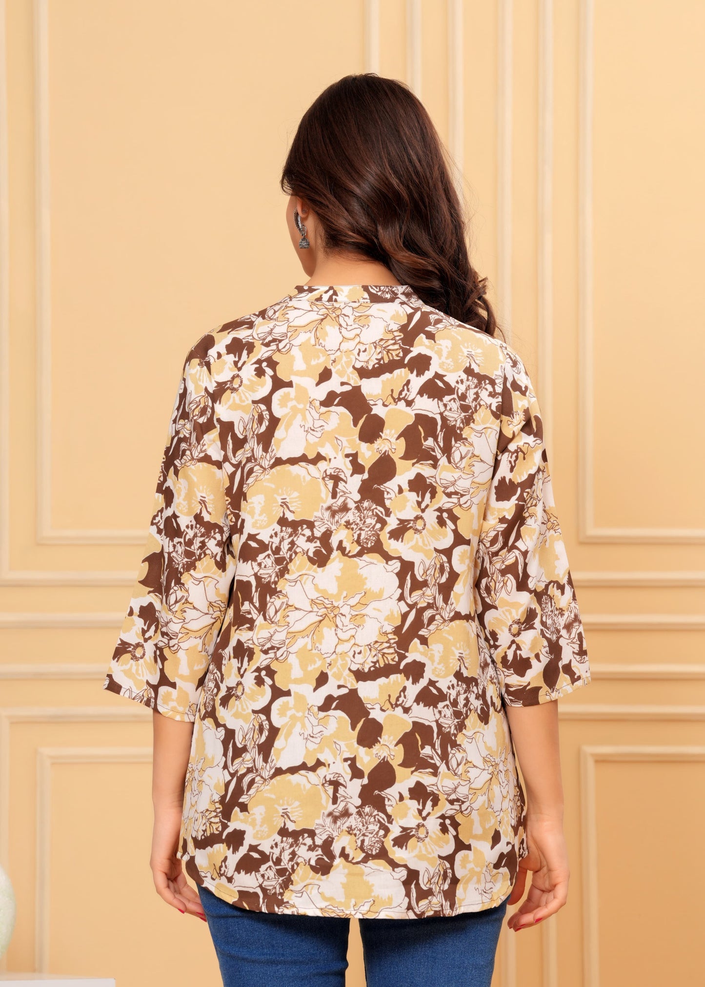 Coffee Brown & Beige Floral Cotton Kurti Top