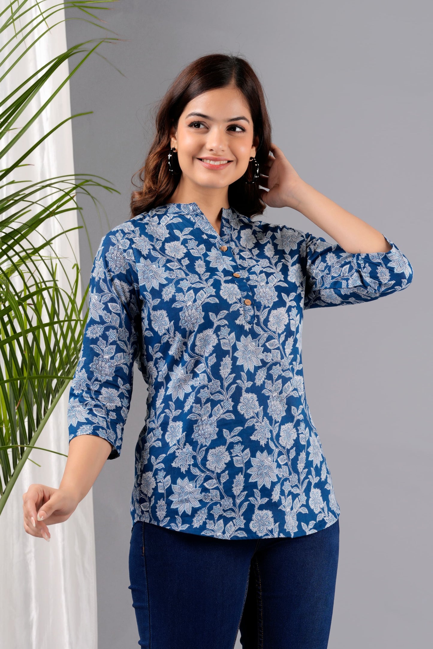 Blue Printed Cotton Kurti Top