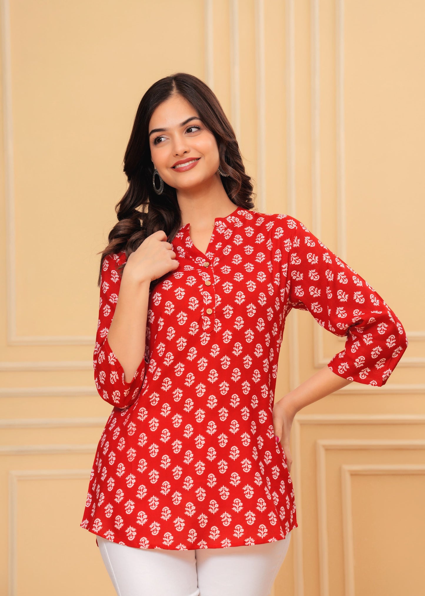 Red Printed Cotton Kurti Top
