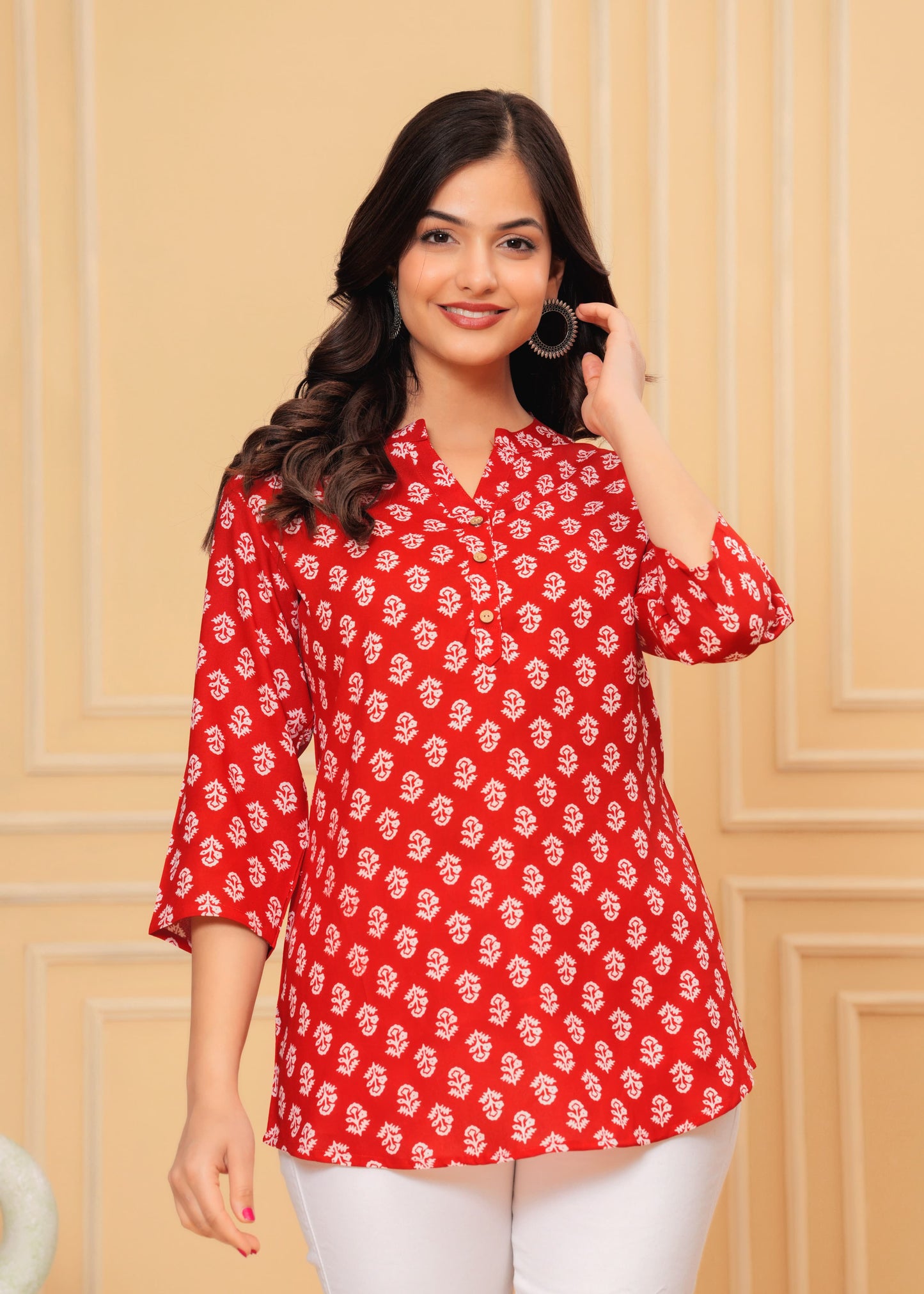 Red Printed Cotton Kurti Top
