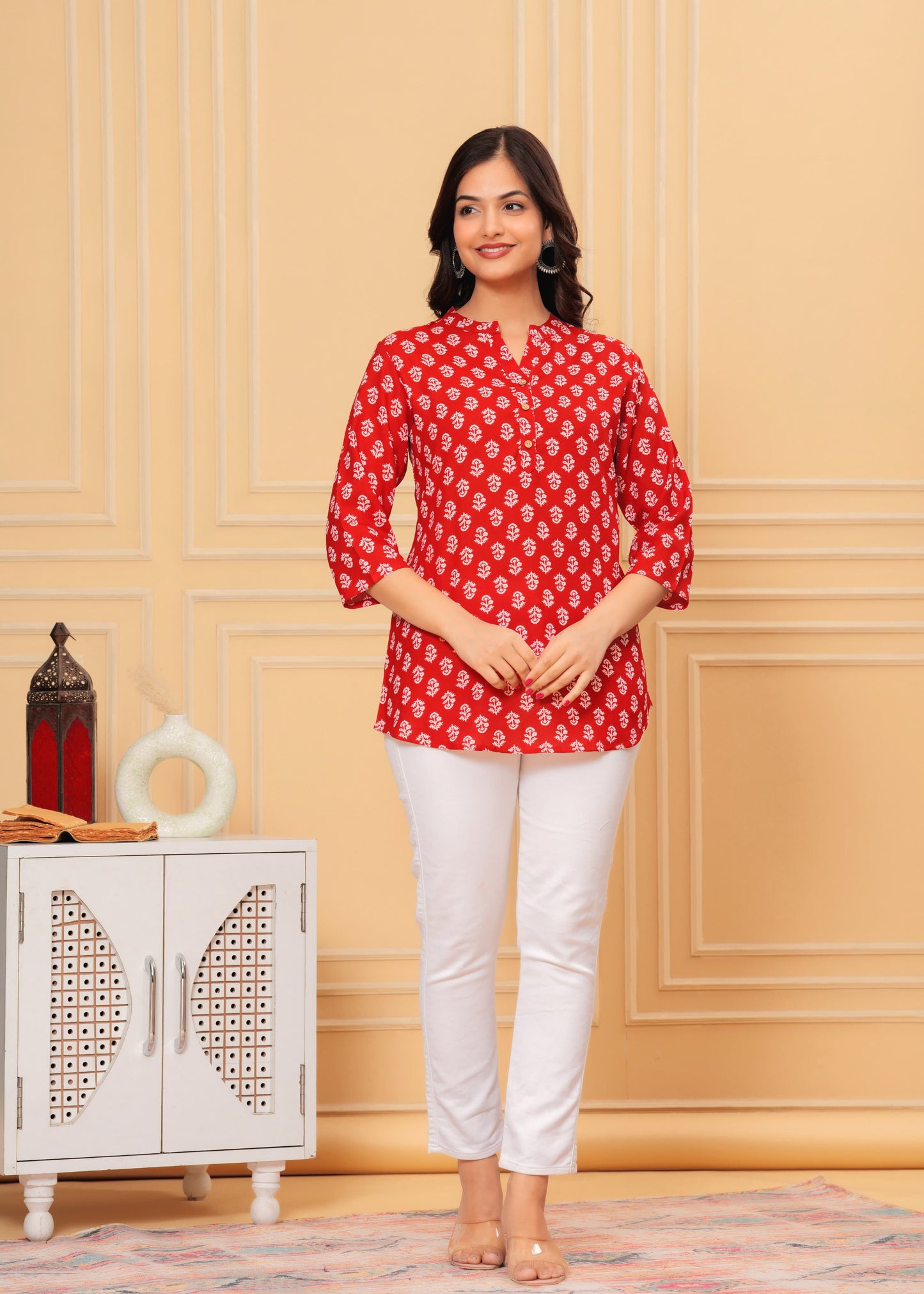 Red Printed Cotton Kurti Top