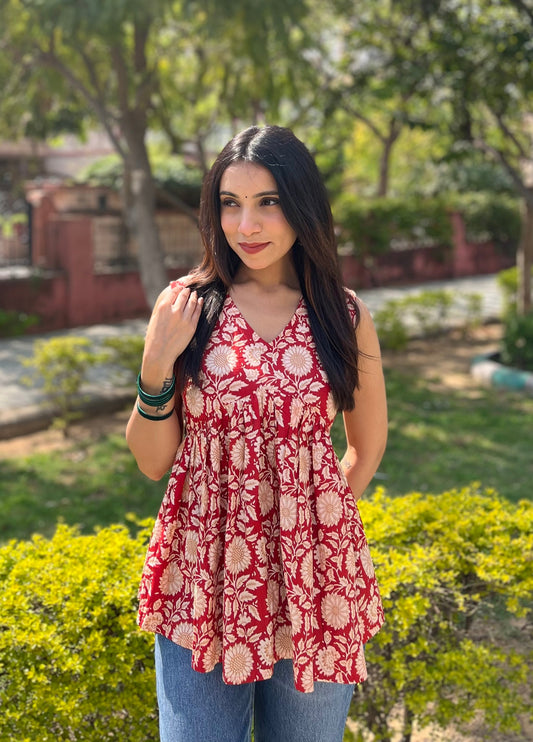 Red Floral Sleeveless Flared Cotton Top