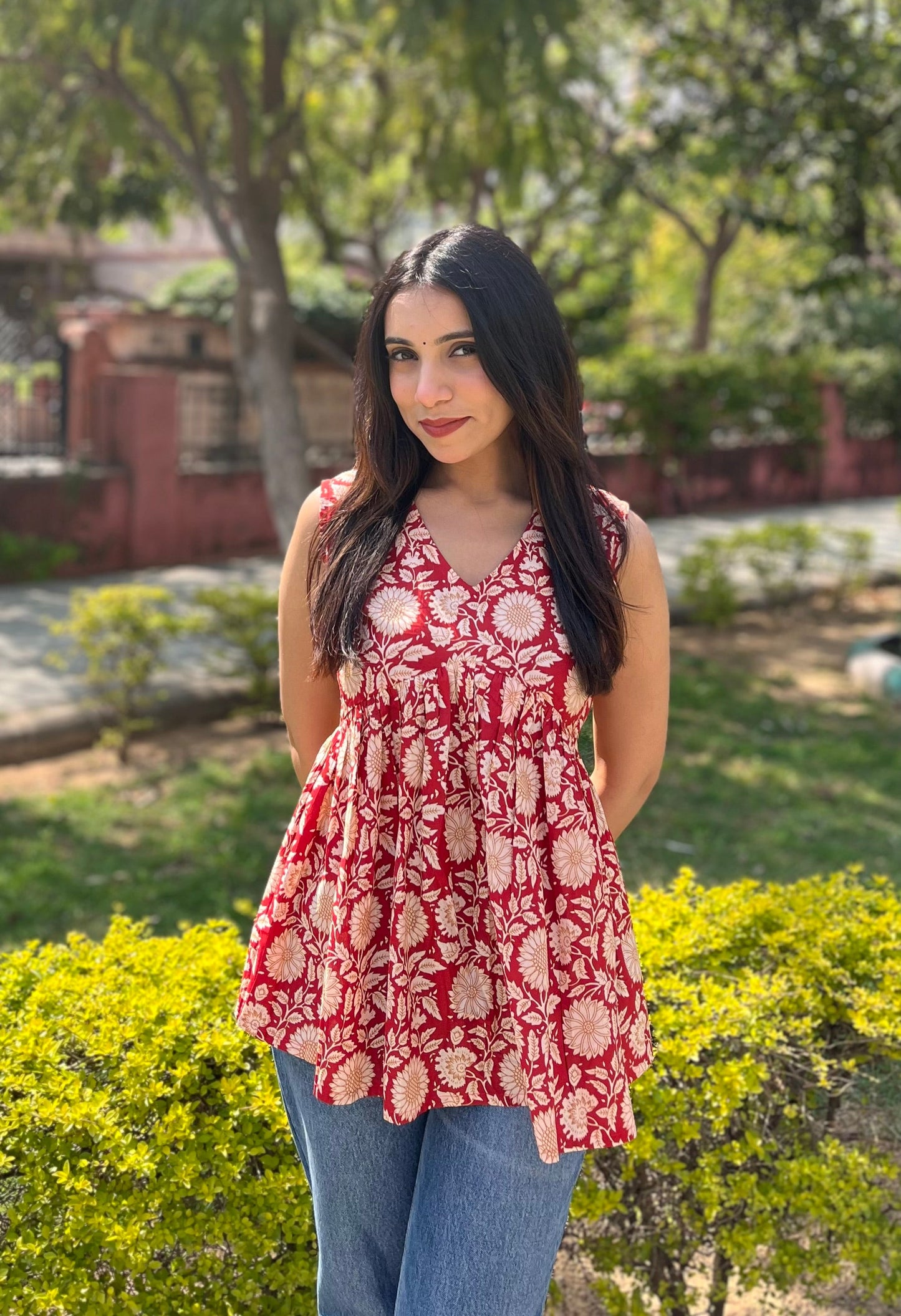 Red Floral Sleeveless Flared Cotton Top