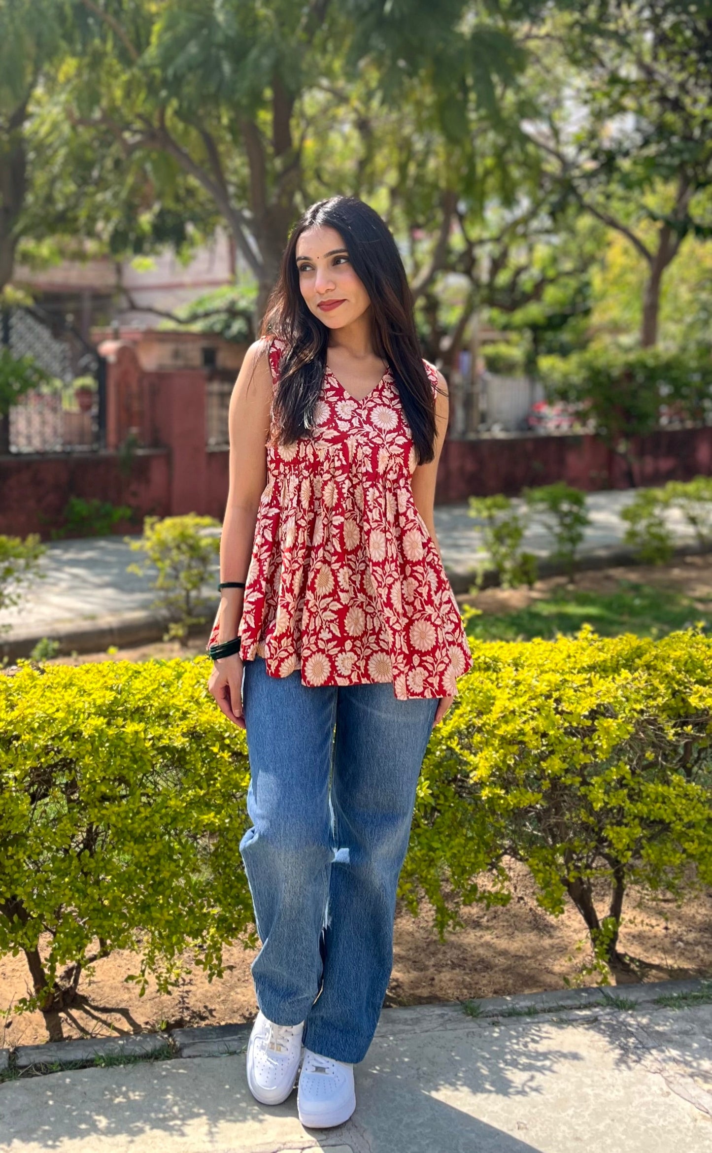 Red Floral Sleeveless Flared Cotton Top