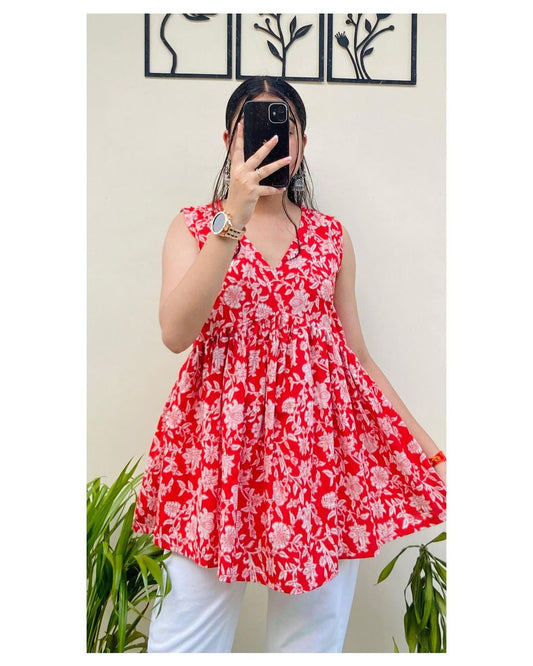 Red Blossom Cotton Peplum Top