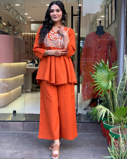 Orange Embroidered Cotton Coord Set
