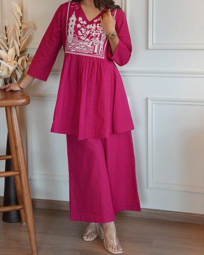Magenta Embroidered Cotton Coord Set