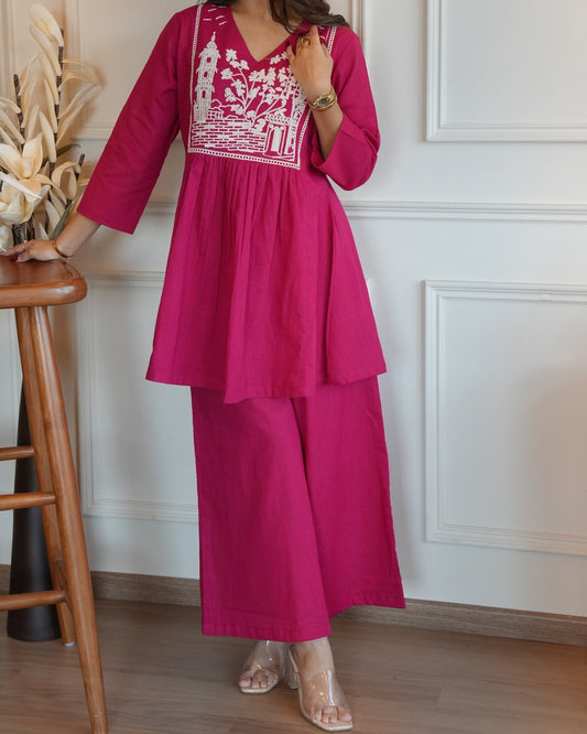 Magenta Embroidered Cotton Coord Set