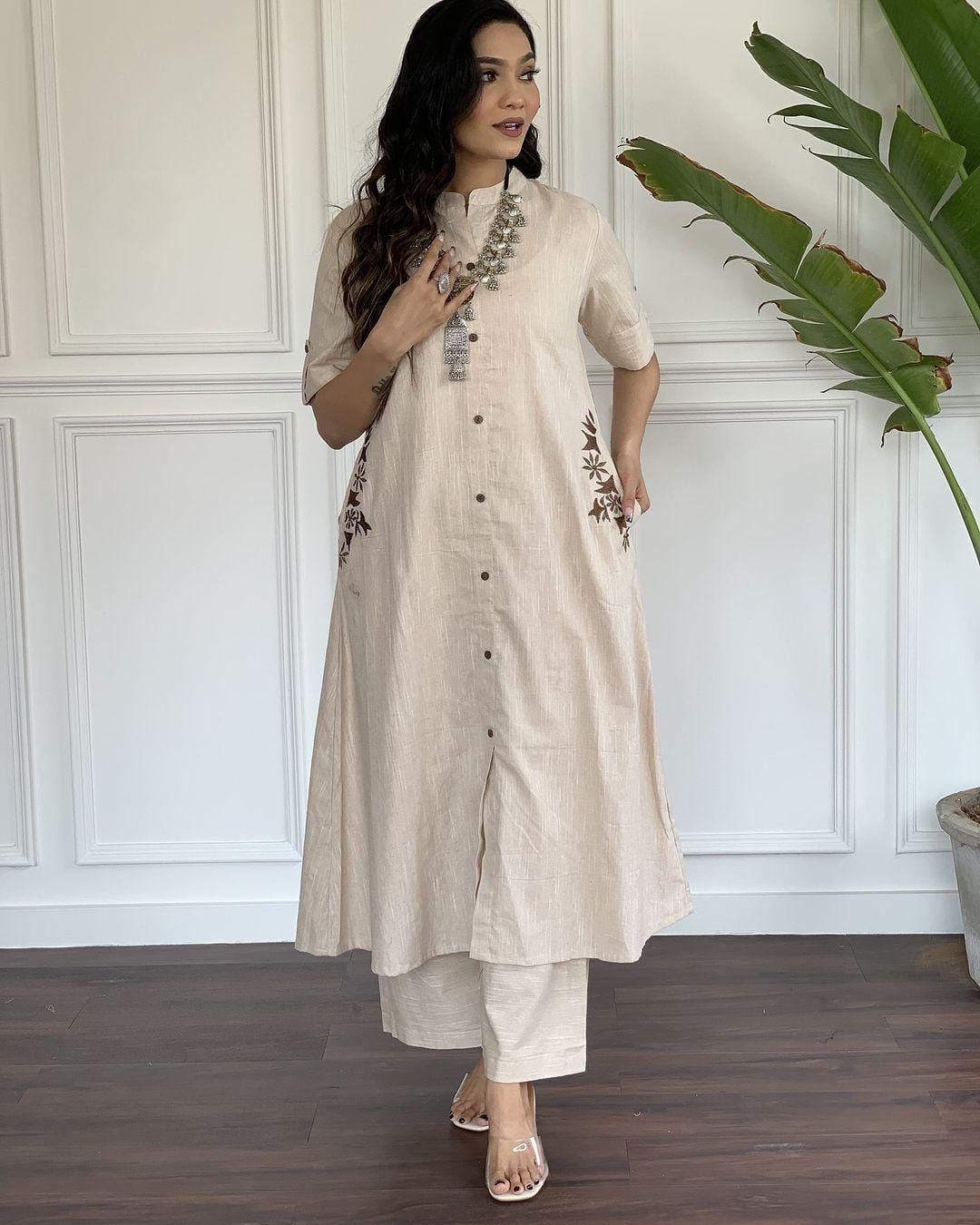 Beige Long Kurti Set with Subtle Embroidery