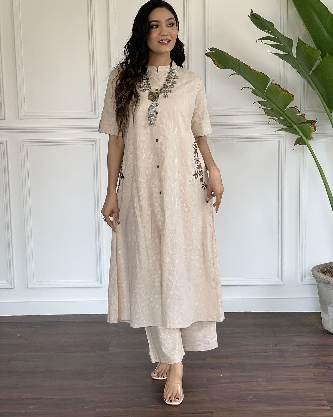 Beige Long Kurti Set with Subtle Embroidery