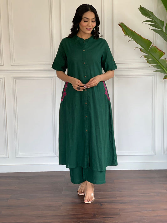 Emerald Grace – Solid Bottle Green 2-Piece Kurti Set