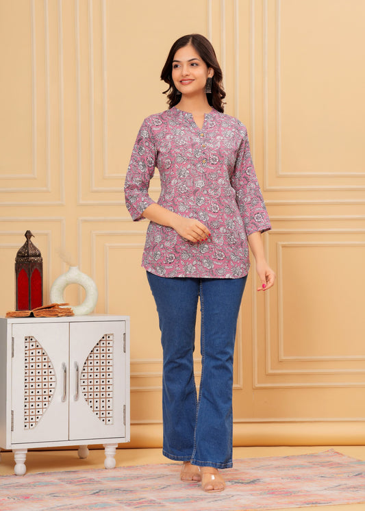 Dusty Rose Floral Printed Kurti Top