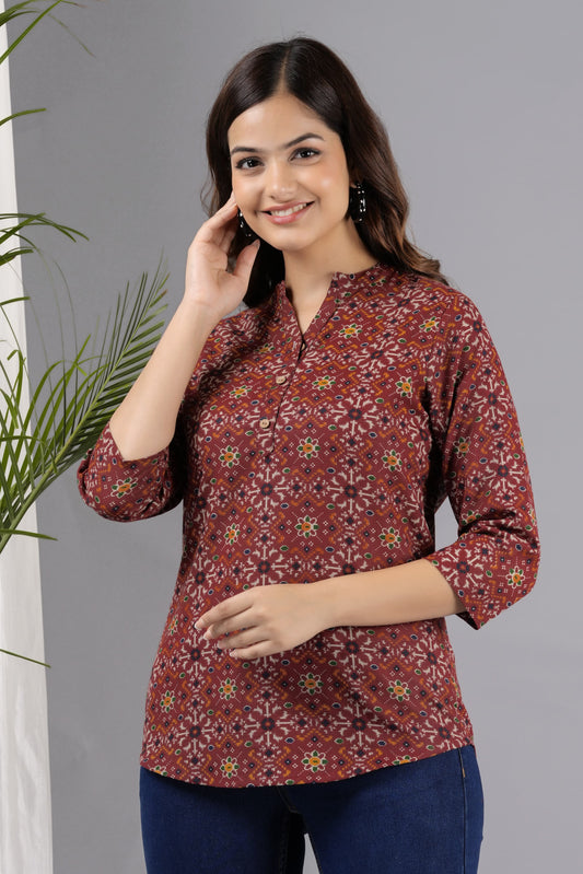 Maroon Printed Cotton Kurti Top