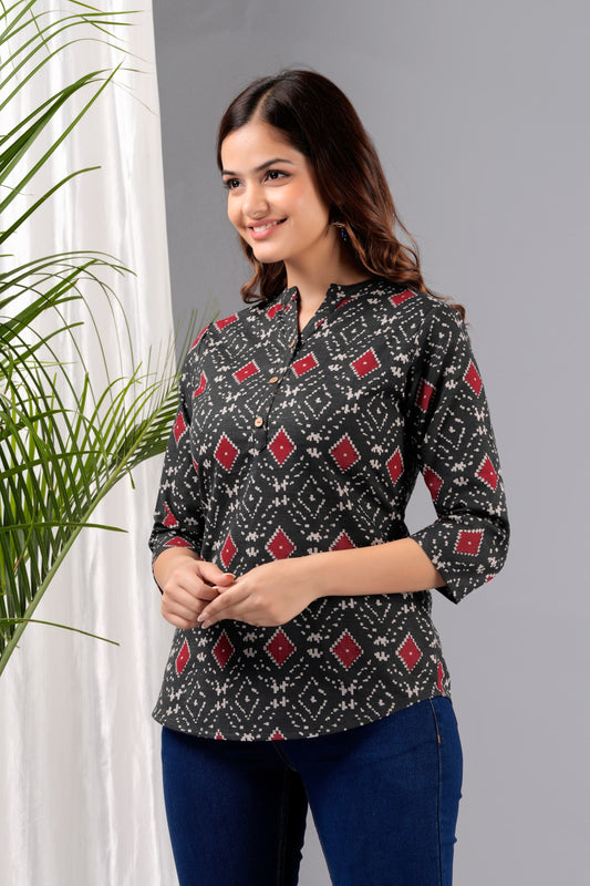 Black Printed Cotton Kurti Top