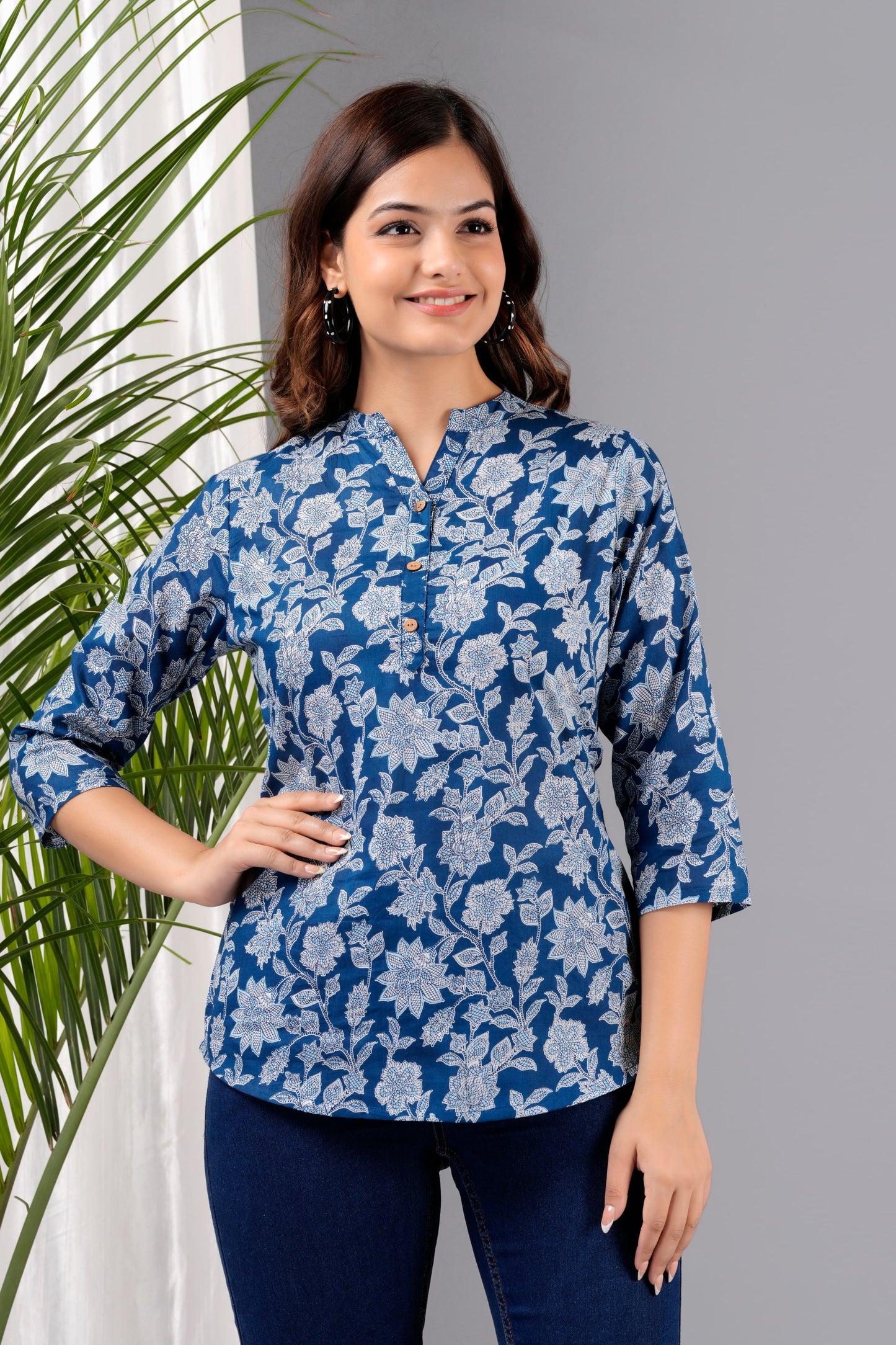 Blue Printed Cotton Kurti Top