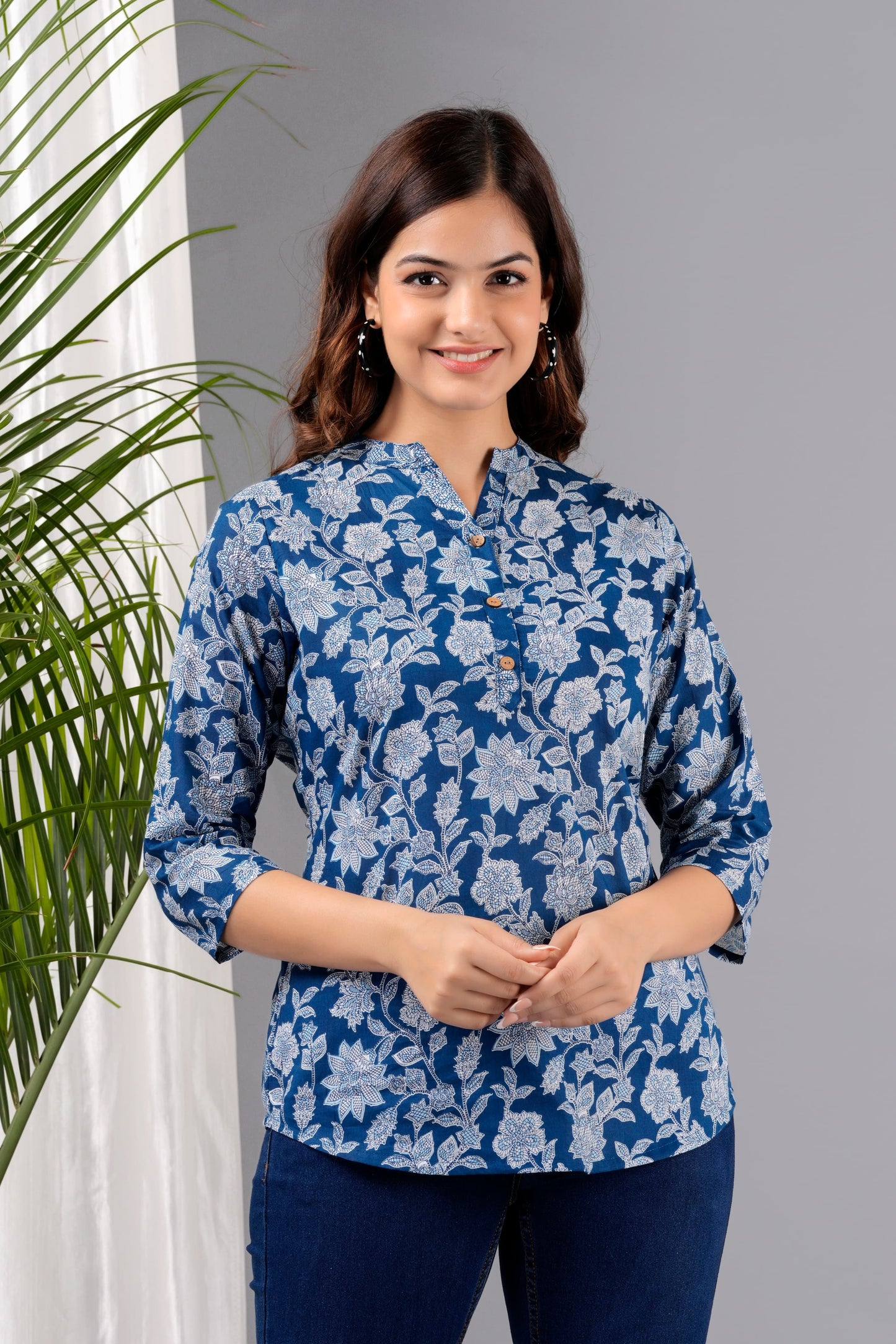Blue Printed Cotton Kurti Top