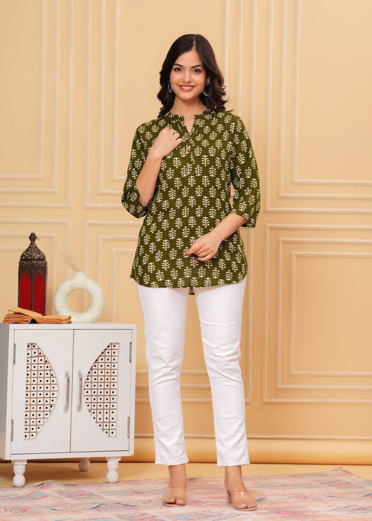 Green Printed Cotton Kurti Top