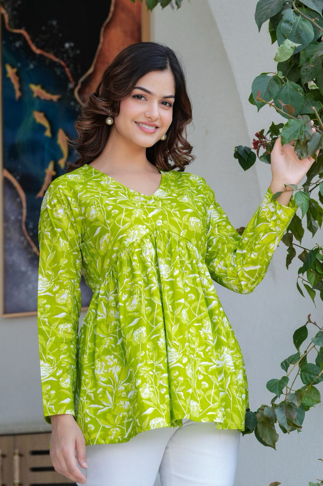 Lime Bloom V-Neck Cotton Top