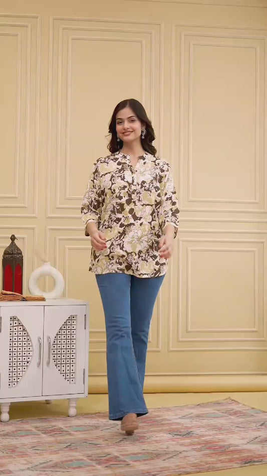 Coffee Brown & Beige Floral Cotton Kurti Top